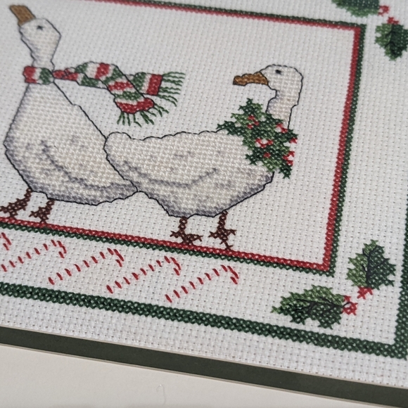 Vintage Cross Stitch Framed 8 Geese Gathering Christmas Holiday Blue Bird Holly - Picture 5 of 11